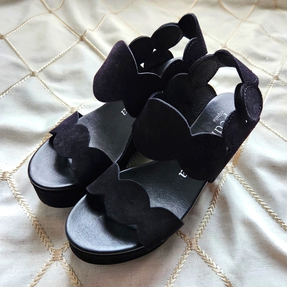 Pedro Garcia Shoes - Pedro Garcia Black Suede Scalloped Dyane Wedge Sandals  36.5